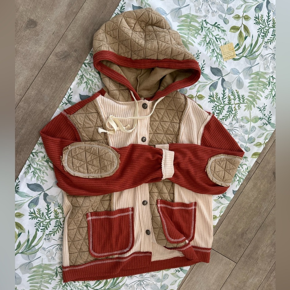 New BiBi Women’s Thermal Quilted Waffle Sweater Patchwork Shacket Jacket Size SM - Picture 8 of 16